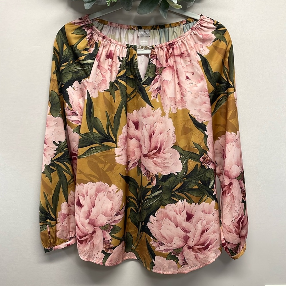 Chico’s Floral Fields Long Sleeve Blouse Gold Hardware Size S 4/6 (Chico’s 0)